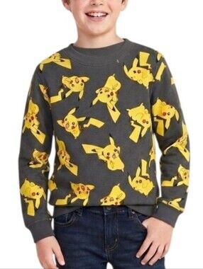 Pokemon Pikachu All-Over Print Sweatshirt Gray Crew Neck Pullover Youth Size M